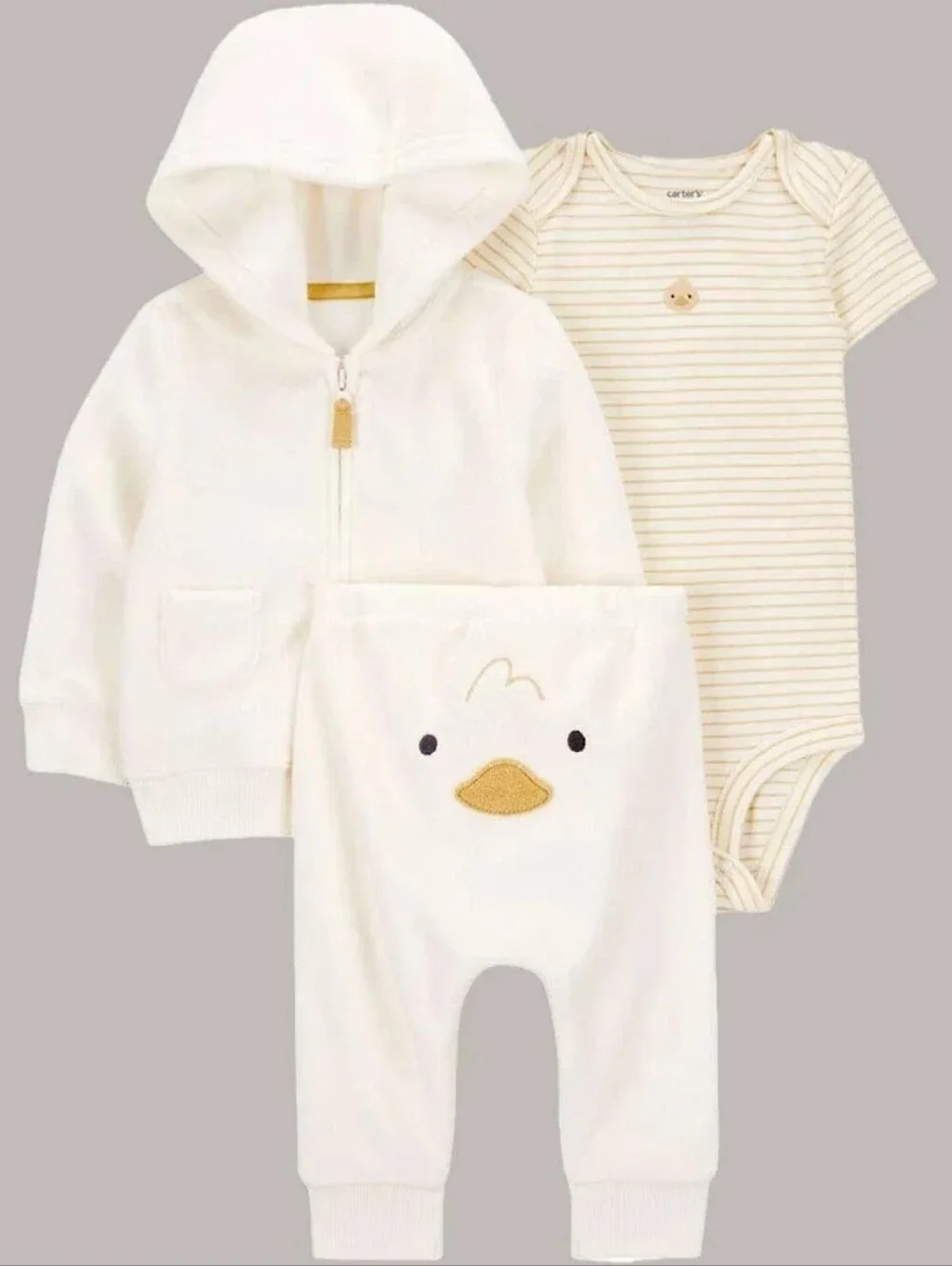 Carter's Cream Hooded Zip Jacket, Striped Bodysuit & Duck Embroidered Pants Set